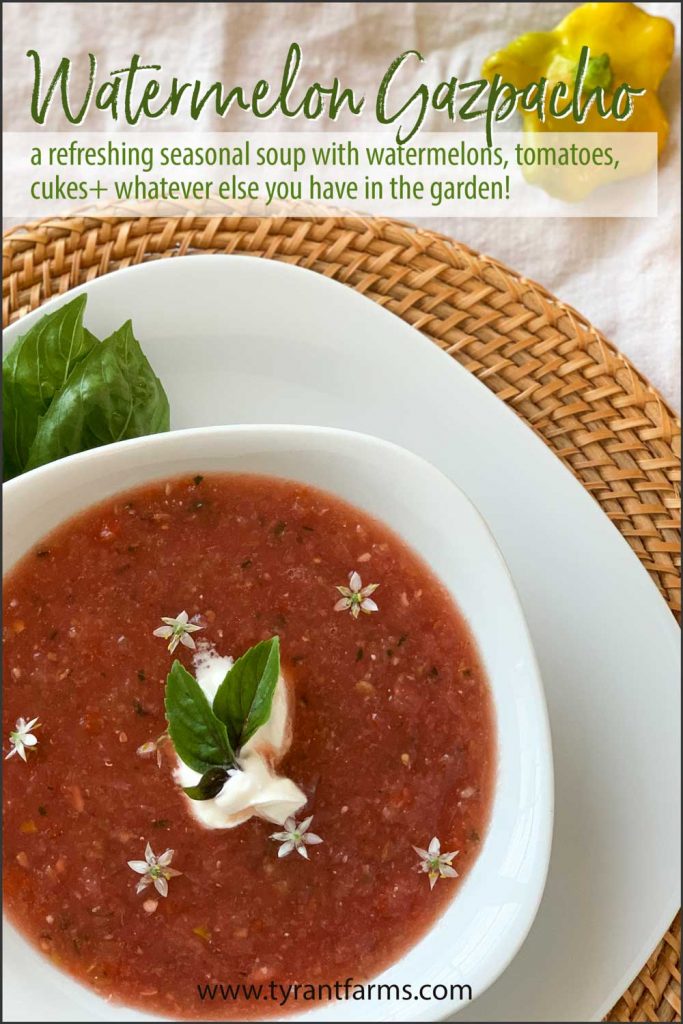 Watermelon gazpacho is the ultimate summer soup. Served cold, it's delicious, hydrating, and packed with nutrition. It can be made in 5-10 minutes using watermelon, tomatoes, cukes + whatever else you have in the garden! #summerrecipes #summersoup #coldsoup #gazpacho #watermelonrecipes #tyrantfarms #watermelonsoup