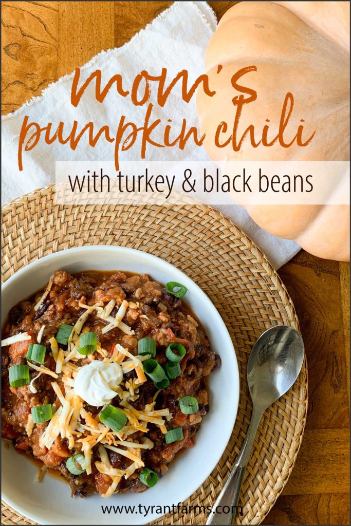 This pumpkin chili with turkey and black beans recipe is rich, savory, and perfect for dinner on a cool late summer or fall evening.  #pumpkinrecipes #fallrecipes #chilirecipes #tyrantfarms #ketorecipes #keto