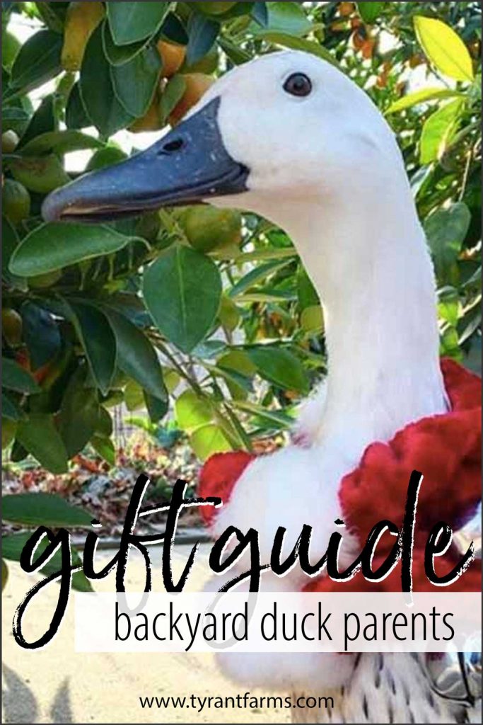 A gift guide with over 30 great gift ideas that backyard duck and pet duck parents are sure to love. Get the perfect gift for the "quackaholic" in your life! #giftguide #tyrantfarms #ducklover #duckparent #duckgifts