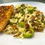 Orzo with chanterelle mushrooms and Common milkweed (immature pods and leaves)