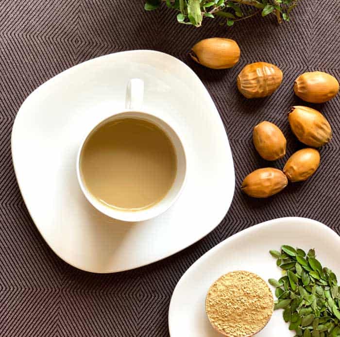 Hot-brewed yaupon holly & roasted acorn flour