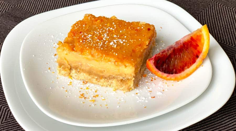 Recipe: Moro blood orange bars with sage brown butter shortbread crust.