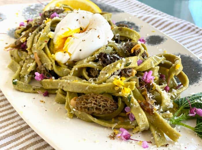 Morel mushrooms with stinging nettle pasta and poached duck eggs