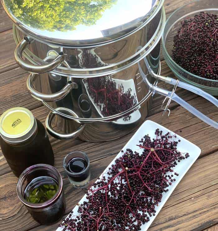 Tyrant Farms steam juicer in action with elderberries and finished juice