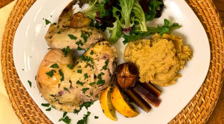 One-pot chicken with roasted chestnuts and crabapples - also use this recipe to make mashed chestnuts!