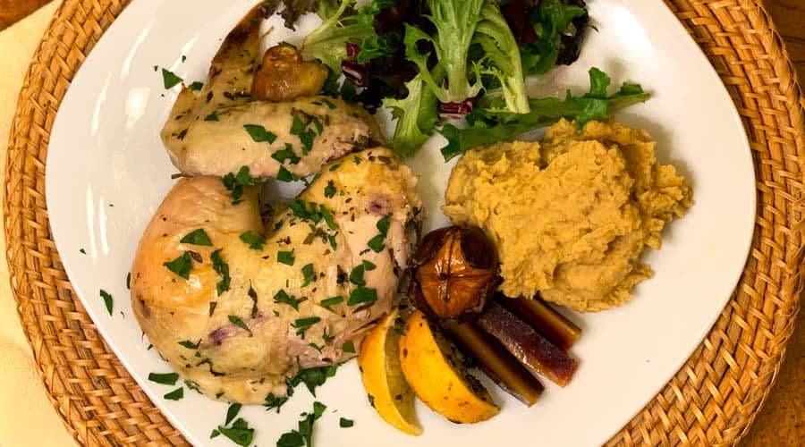 One-pot chicken with roasted chestnuts and crabapples - also use this recipe to make mashed chestnuts!