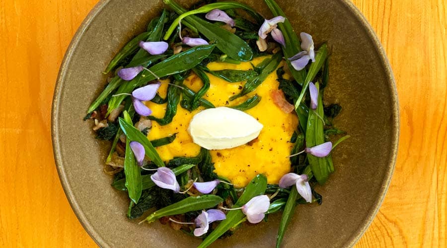 Gourmet softscrambled eggs with stridolo/collejas & stinging nettle