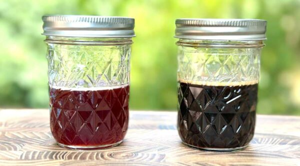 Two finished jars of fermented elderberry syrup