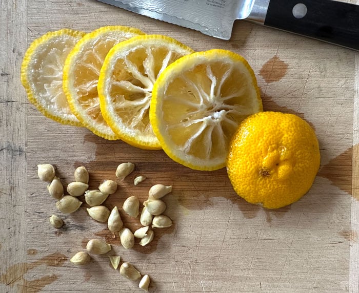 This shows the ideal thinness of the yuzu slices. Substitute a lemon if you don't have yuzu, but yuzu offers a superior taste for this recipe.